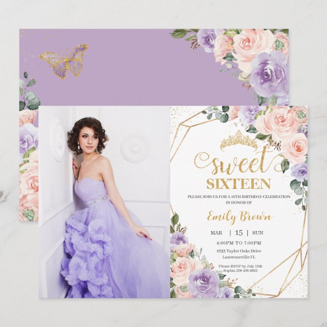 Sweet 16 Sixteen Lilac Blush Floral Birthday Photo Invitation (Front/Back)