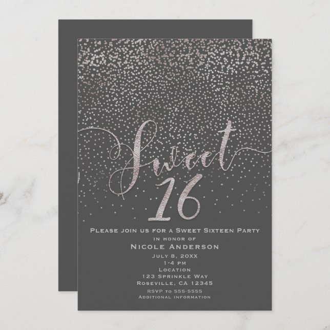 SWEET 16 Sixteen Modern Silver Grey Confetti Invitation (Front/Back)