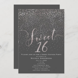 SWEET 16 Sixteen Modern Silver Grey Confetti Invitation