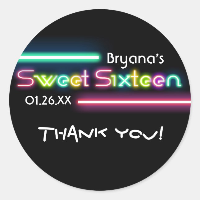 SWEET 16 Sixteen Neon Glow Black Party Sticker (Front)