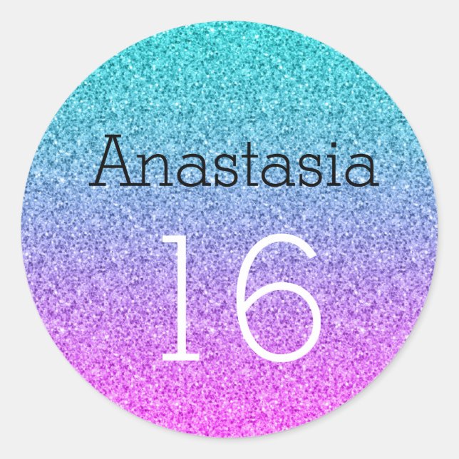 Sweet 16 Sixteen Ombre Pink Blue Purple Glitter Classic Round Sticker (Front)