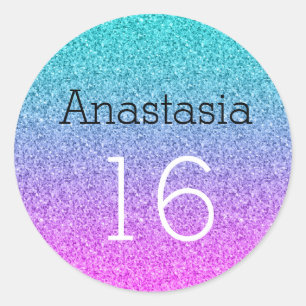 Sweet 16 Sixteen Ombre Pink Blue Purple Glitter Classic Round Sticker