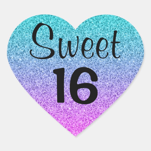 Sweet 16 Sixteen Ombre Pink Blue Purple Glitter Heart Sticker (Front)