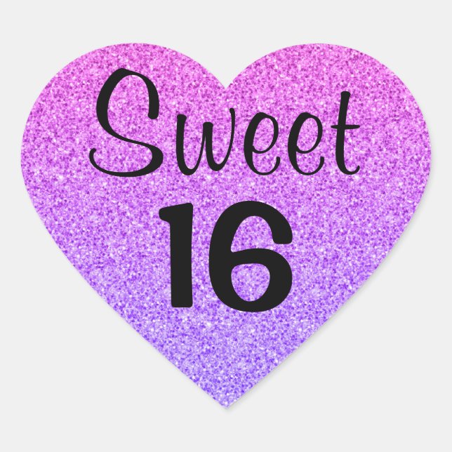Sweet 16 Sixteen Ombre Purple Glitter Sparkles Heart Sticker (Front)