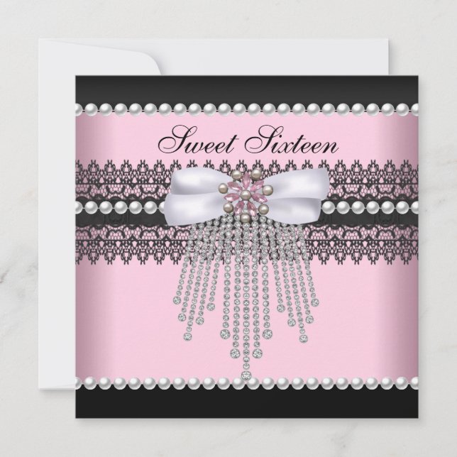 Sweet 16 Sixteen Pink Black Pearl Lace Diamond Invitation (Front)
