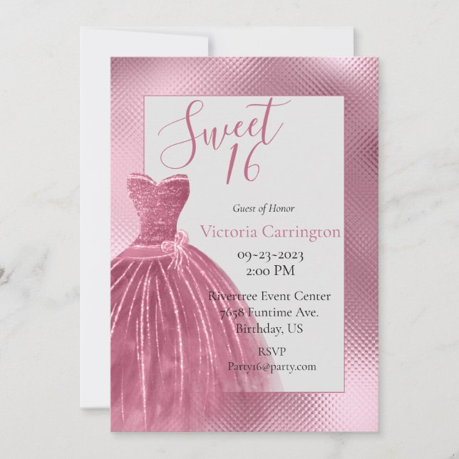 Sweet 16 Sixteen Pink Glitter Dress Elegant Party  Invitation (Front)