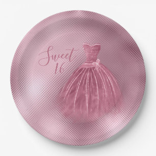 Sweet 16 Sixteen Pink Glitter Dress Elegant Party  Paper Plate