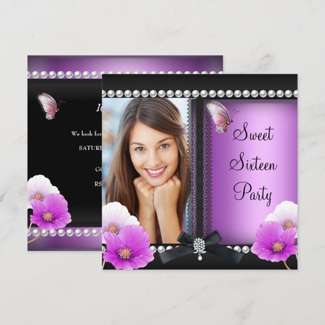 Sweet 16 Sixteen Pink Purple Black Butterfly Invitation (Front/Back)