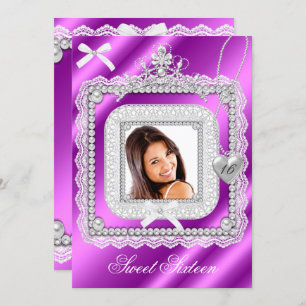 Sweet 16 Sixteen Pink Purple Lace Pearl Photo 2 Invitation