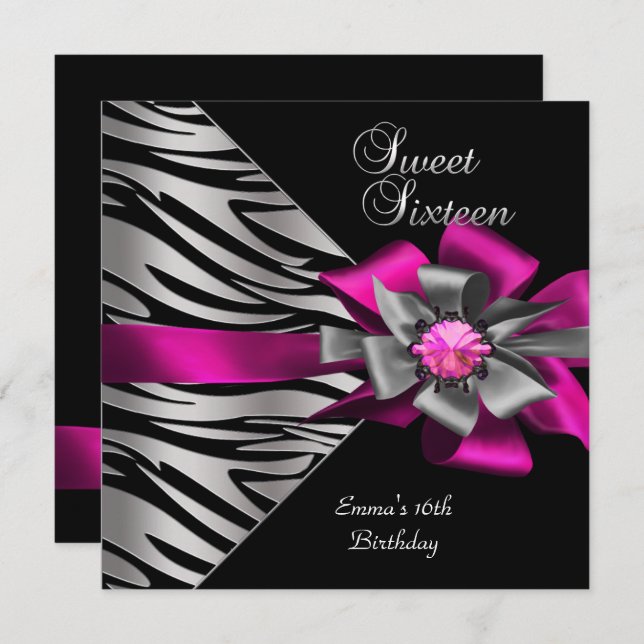 Sweet 16 Sixteen Pink Silver Zebra Black Grey Bow Invitation (Front/Back)