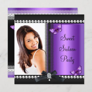Sweet 16 Sixteen Purple Black Butterfly Invitation
