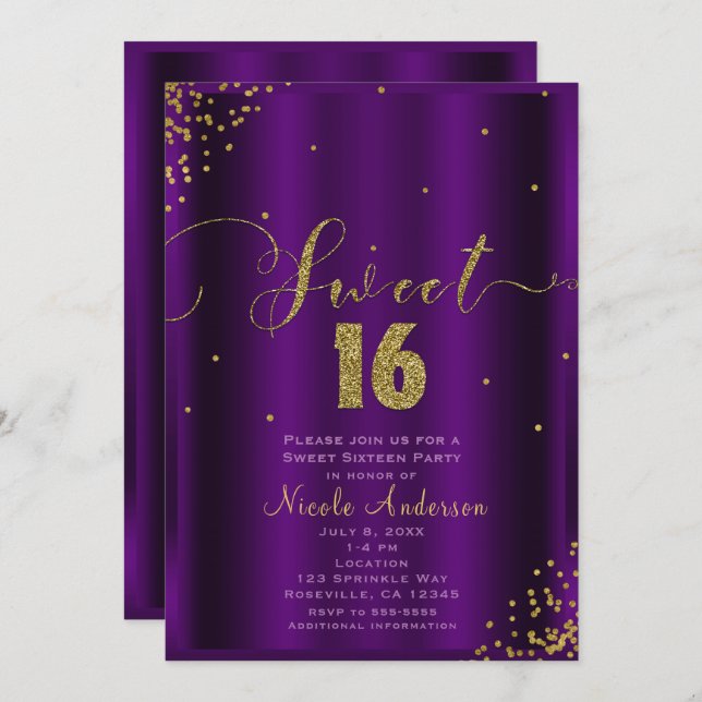 SWEET 16 Sixteen Purple & Gold Confetti Corners Invitation (Front/Back)