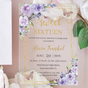 Sweet 16 Sixteen Purple Lilac Floral Butterflies Acrylic Invitations