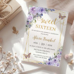 Sweet 16 Sixteen Purple Lilac Floral Butterflies Invitation<br><div class="desc">Personalise this lovely Sweet 16 invitation with own wording easily and quickly,  simply press the customise it button to further re-arrange and format the style and placement of the text.  Matching items available in store!  (c) The Happy Cat Studio</div>
