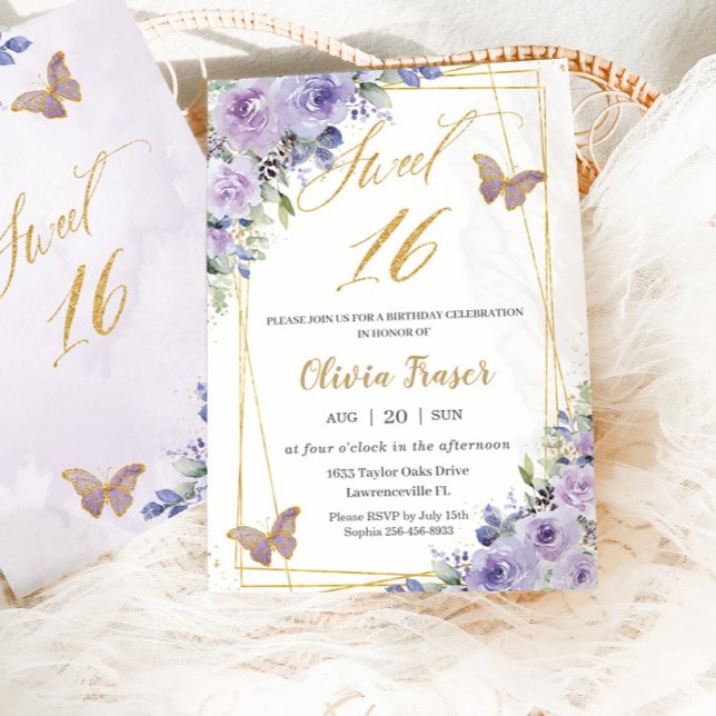 Sweet 16 Sixteen Purple Lilac Floral Butterflies  Invitation (Creator Uploaded)