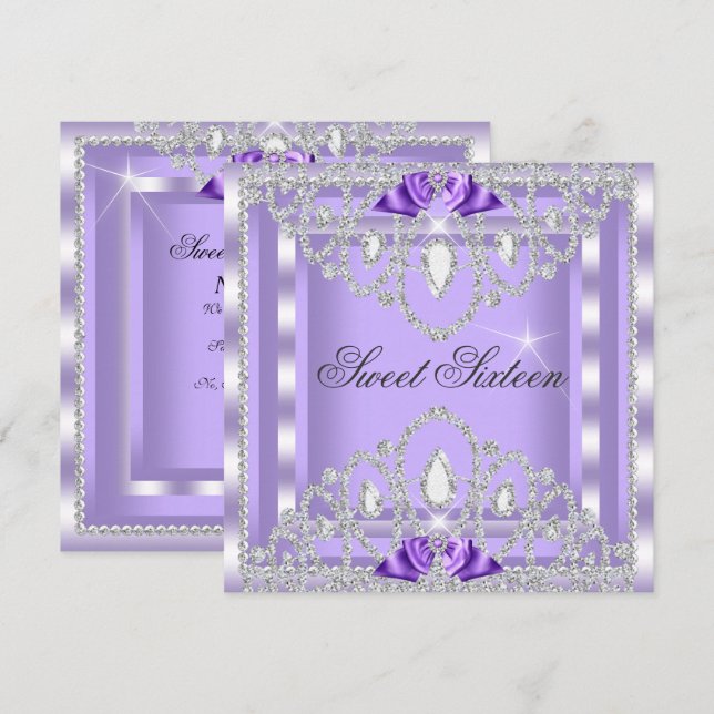 Sweet 16 Sixteen Purple Silver Diamond Party 3I Invitation (Front/Back)