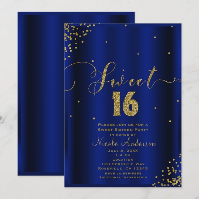SWEET 16 Sixteen Royal Blue Gold Confetti Corners Invitation (Front/Back)
