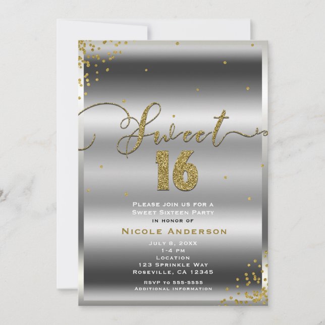 SWEET 16 Sixteen Silver & Gold Confetti Corners Invitation (Front)