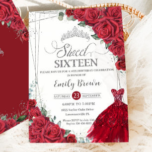 Sweet 16 Sixteen Silver Red Roses Floral Dress Invitation
