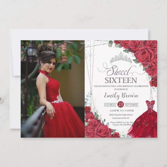Sweet 16 Sixteen Silver Red Roses Floral Photo Invitation (Front)