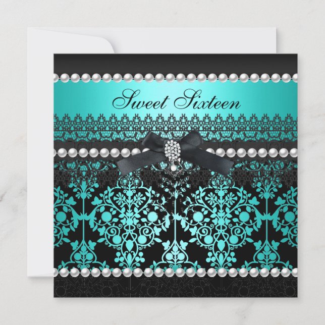 Sweet 16 Sixteen Teal Black Pearl Lace Damask Invitation (Front)