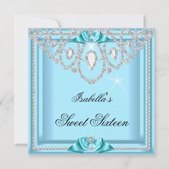 Sweet 16 Sixteen Teal Blue Silver Diamond Party 5 Invitation (Front)