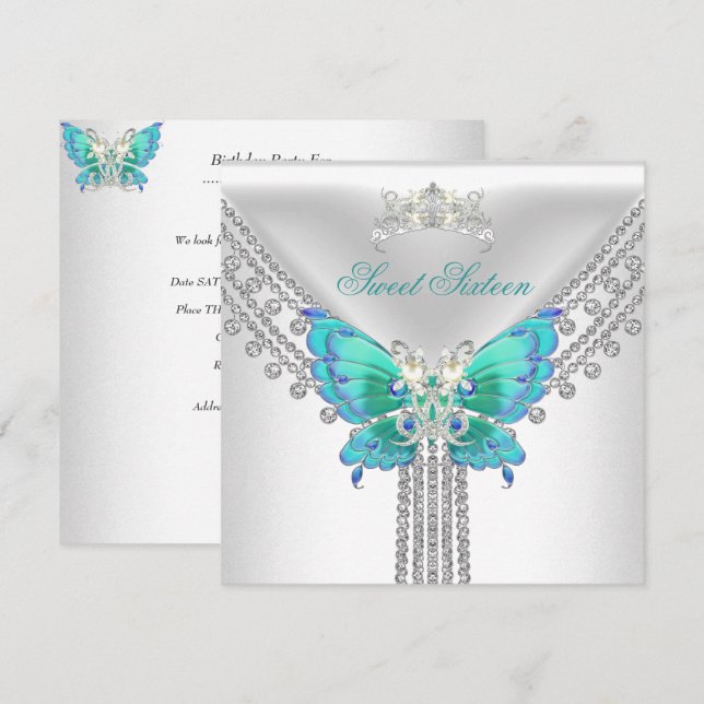 Sweet 16 Sixteen Teal Blue White Butterfly Invitation (Front/Back)
