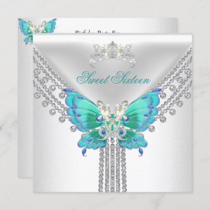 Sweet 16 Sixteen Teal Blue White Butterfly Invitation