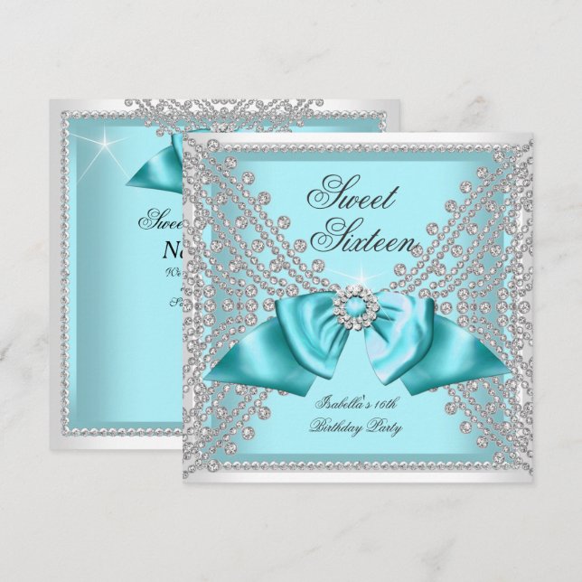 Sweet 16 Sixteen Teal Blue White Diamond Party 3c Invitation (Front/Back)