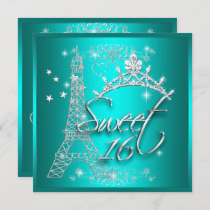 Sweet 16 Sixteen Teal Tiara Eiffel Tower Invitation
