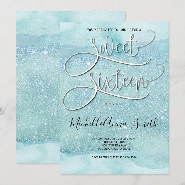 Sweet 16 Sixteen Watercolor Turquoise Invitation (Front/Back)
