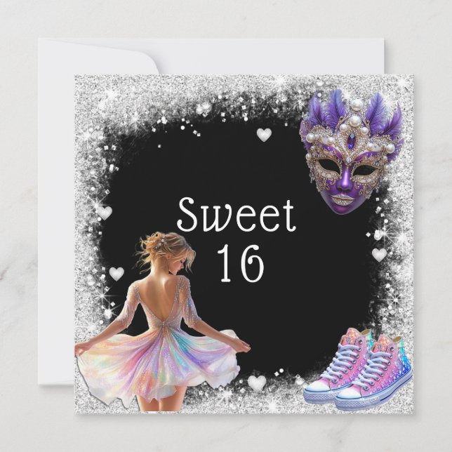 Sweet 16 Sneakers Silver Glitter Mardi Gras Invitation (Front)