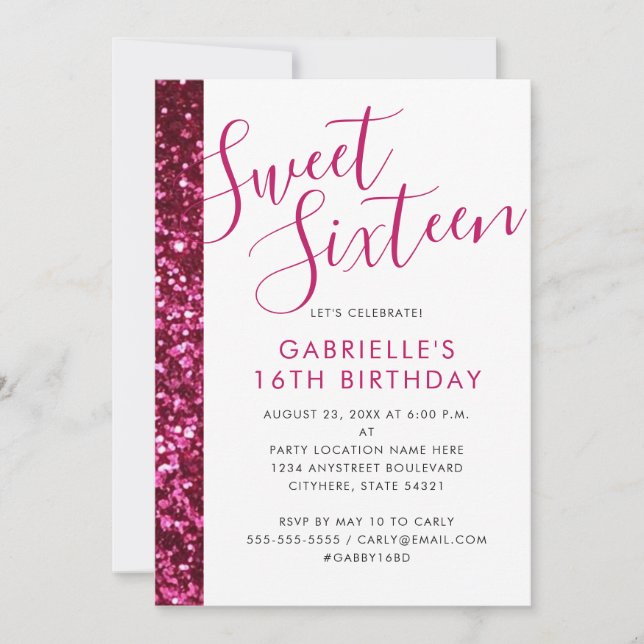 Sweet 16 Sparkly Hot Pink Glitter Glam Chic Announcement (Front)