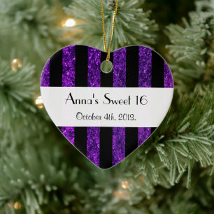 Sweet 16 - Stripes, Lines, Glitter - Purple Black Ceramic Tree Decoration