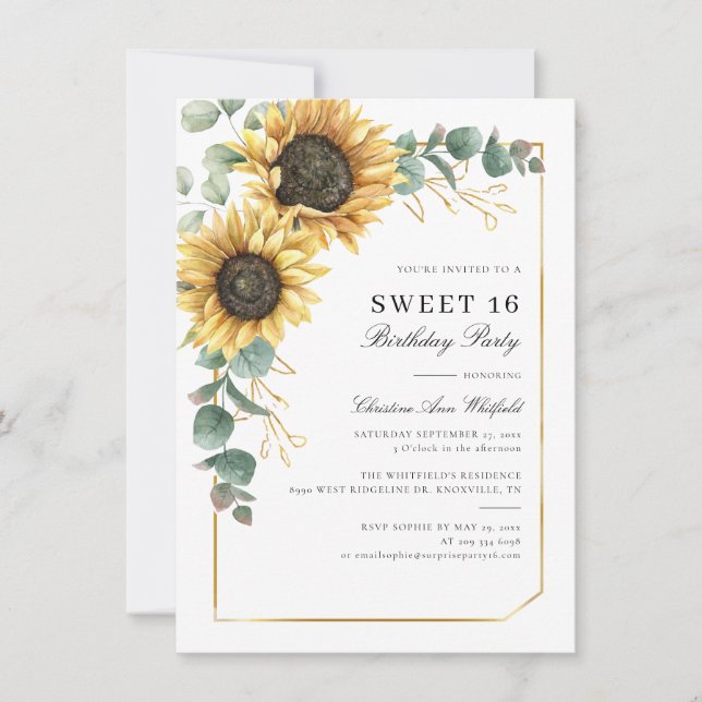 Sweet 16 Sunflower Eucalyptus Birthday Party Invitation (Front)