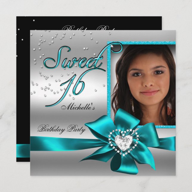 Sweet 16 Sweet Sixteen Blue Silver Photo Invitation (Front/Back)