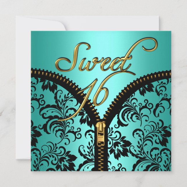 Sweet 16 Sweet Sixteen Damask Teal Blue Gold Black Invitation (Front)