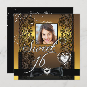 Sweet 16 Sweet Sixteen Gold Black Lace Photo Invitation