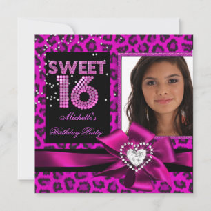 Sweet 16 Sweet Sixteen Hot Pink Leopard Photo Invitation