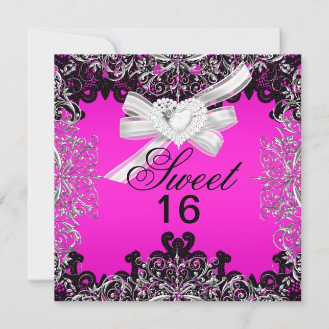 Sweet 16 Sweet Sixteen Hot Pink White Black Lace Invitation (Front)