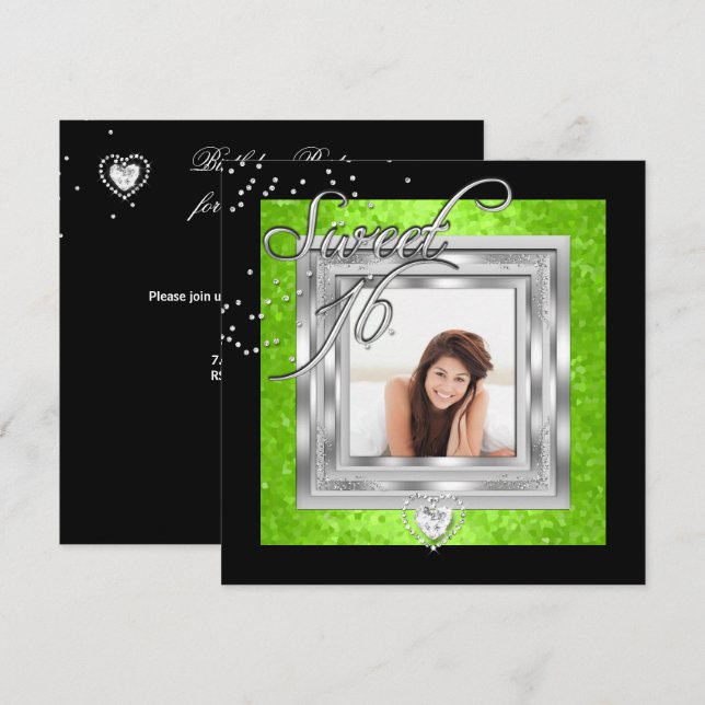 Sweet 16 Sweet Sixteen Lime Black Photo Invitation (Front/Back)