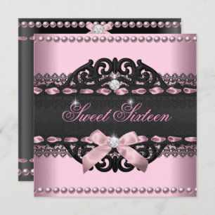 Sweet 16 Sweet Sixteen Pink Black Lace Bow Invitation