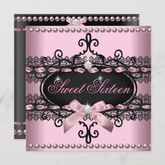 Sweet 16 Sweet Sixteen Pink Black Lace Pearl Invitation (Front/Back)