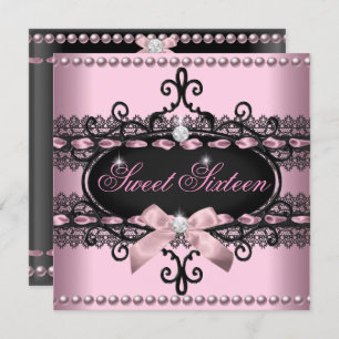 Sweet 16 Sweet Sixteen Pink Black Lace Pearl Invitation