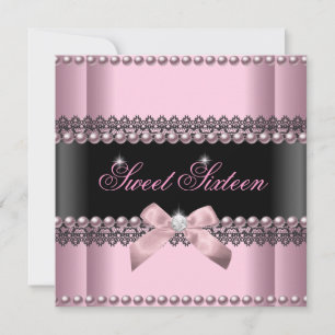 Sweet 16 Sweet Sixteen Pink Black Lace Pearl Invitation