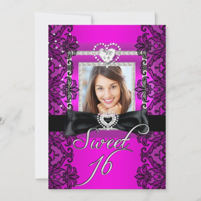 Sweet 16 Sweet Sixteen Pink Black Lace Photo Invitation (Front)