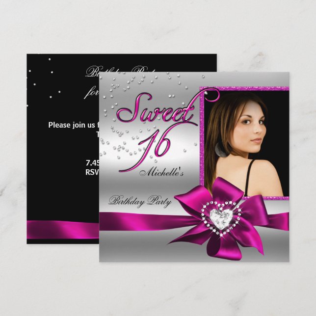 Sweet 16 Sweet Sixteen Pink Silver Photo Invitation (Front/Back)