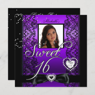 Sweet 16 Sweet Sixteen Purple Black Lace Photo Invitation