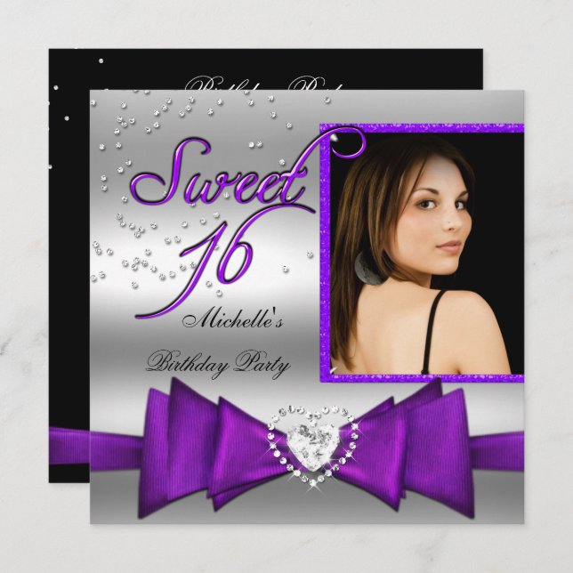 Sweet 16 Sweet Sixteen Purple Silver Photo Invitation (Front/Back)