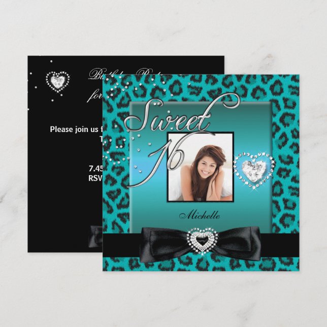 Sweet 16 Sweet Sixteen Teal Black Leopard Photo Invitation (Front/Back)